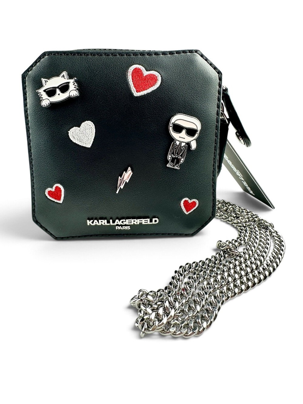 NWT Karl Lagerfeld Paris Black Silver Mini Crossbody Chain Choupette